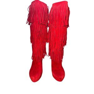 Red Suede‎ Fringe High Heel Boots 10M Platform Stiletto Knee High Western Boho